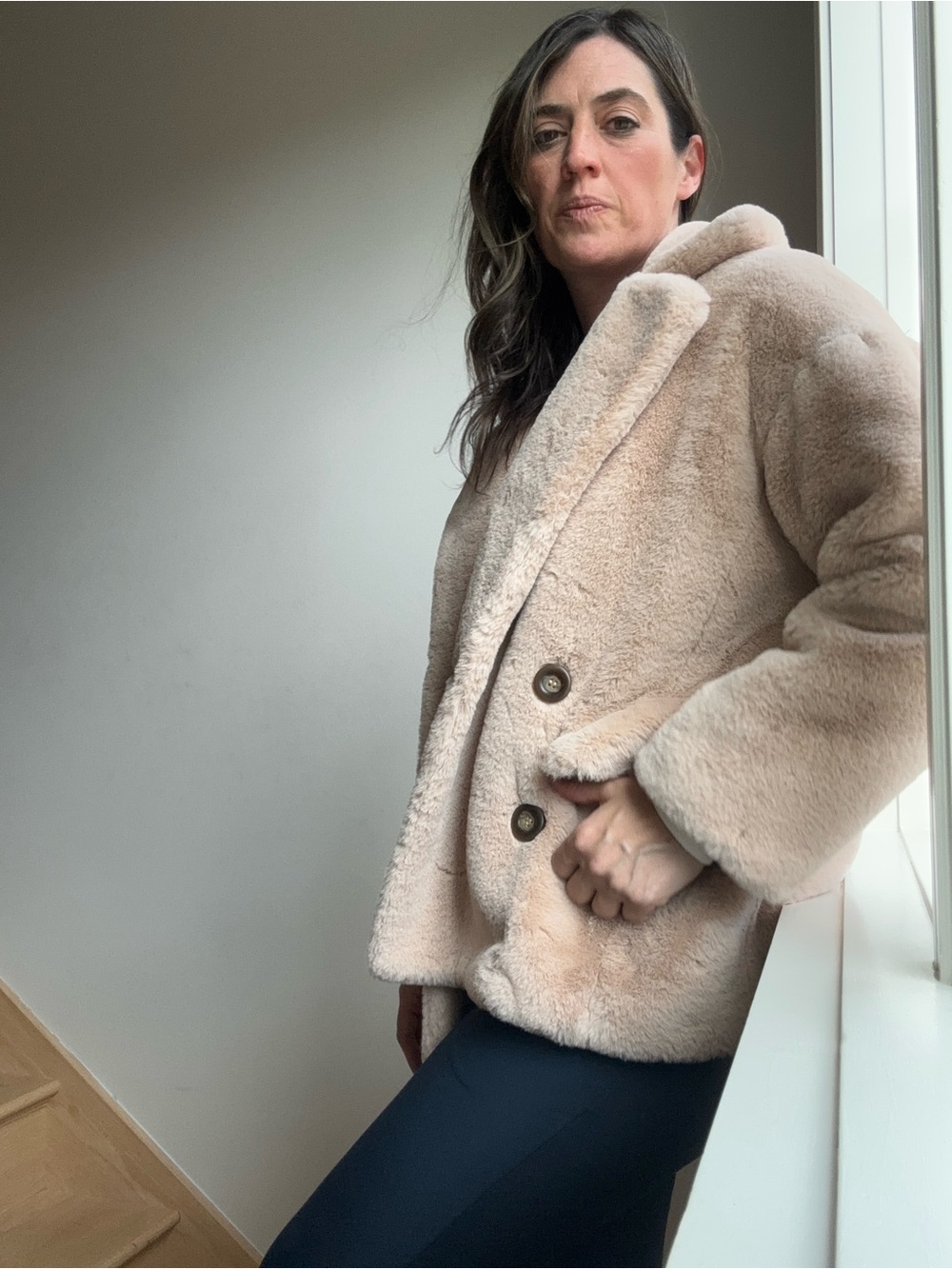Free People Kate Faux Fur Double Breasted Oversized Coat - Apricot - XS - Picture 2 of 7